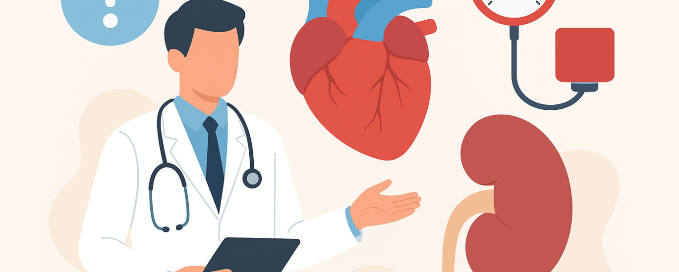 Doctor explaining hypertension complications with heart, kidney, and BP gauge icons.