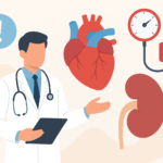 Doctor explaining hypertension complications with heart, kidney, and BP gauge icons.