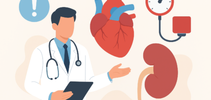 Doctor explaining hypertension complications with heart, kidney, and BP gauge icons.